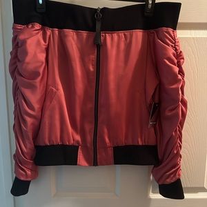 NWT project RUNWAY Pink/Black Satin Off the Shoulder Jacket w/pockets Size M